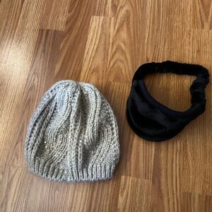 West Loop Gray Knit Beanie and Black Headband Set